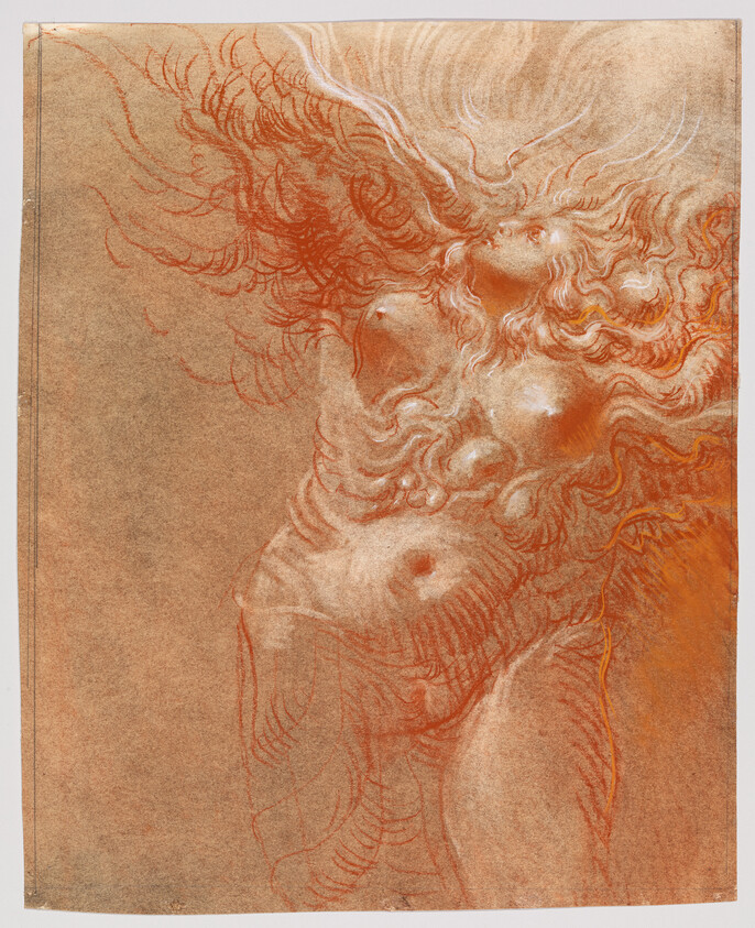 Nude woman twisting upward with flowing hair and expressive swirling lines.