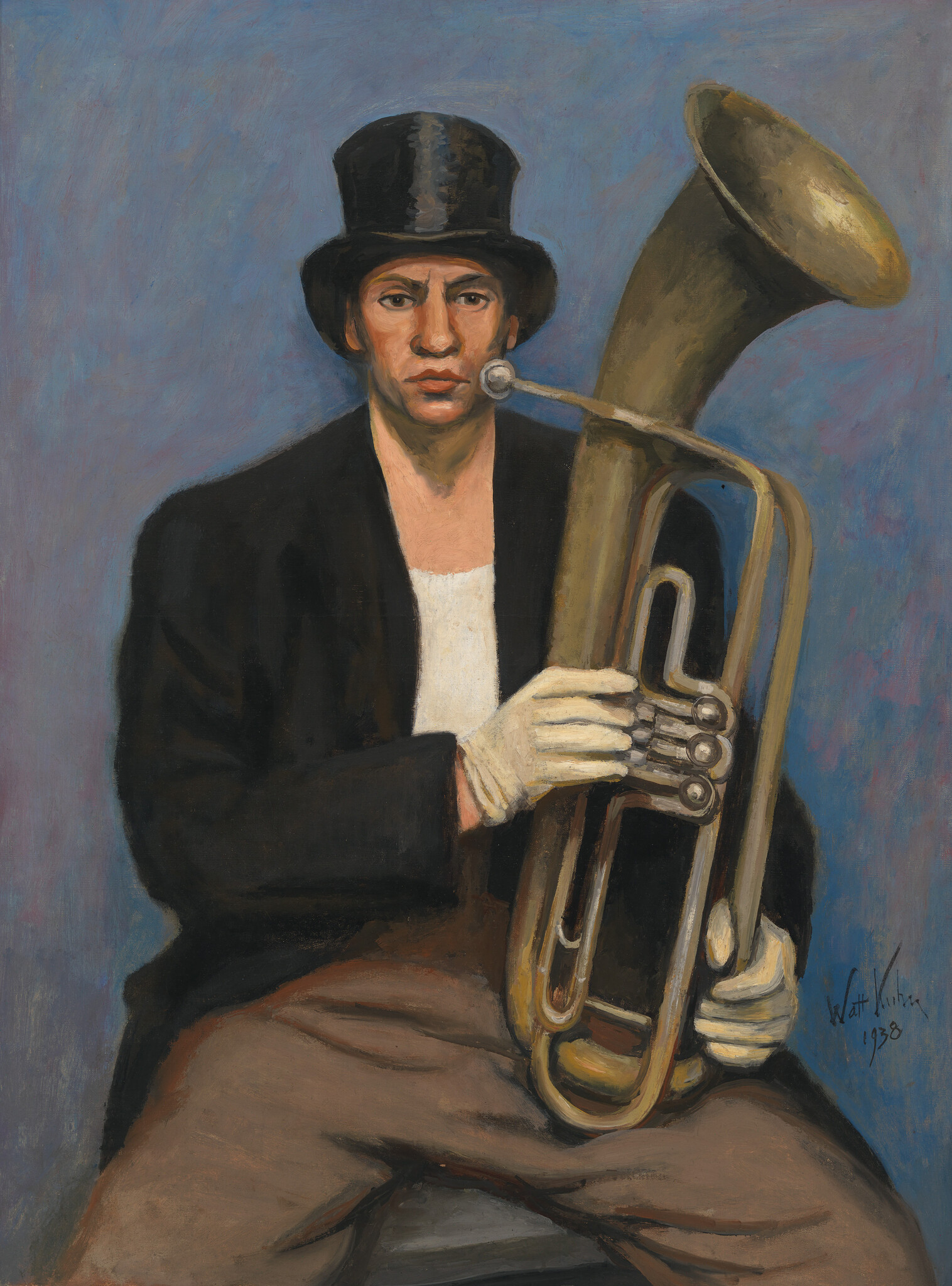 A man in a top hat wearing white gloves holds a large tuba across his chest.