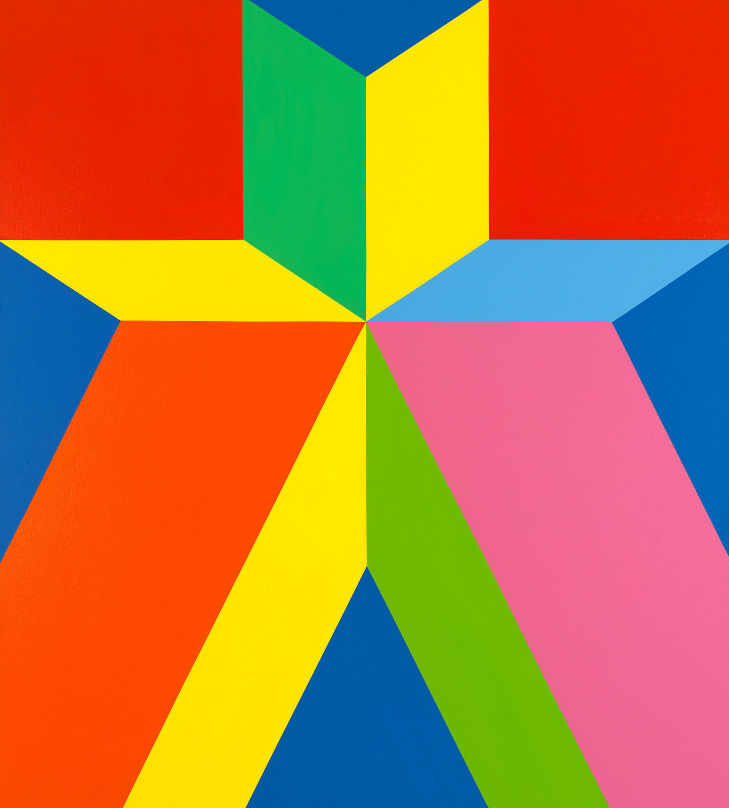 A colorful geometric star with six bold, triangular beams in red, yellow, green, blue, pink, and orange.