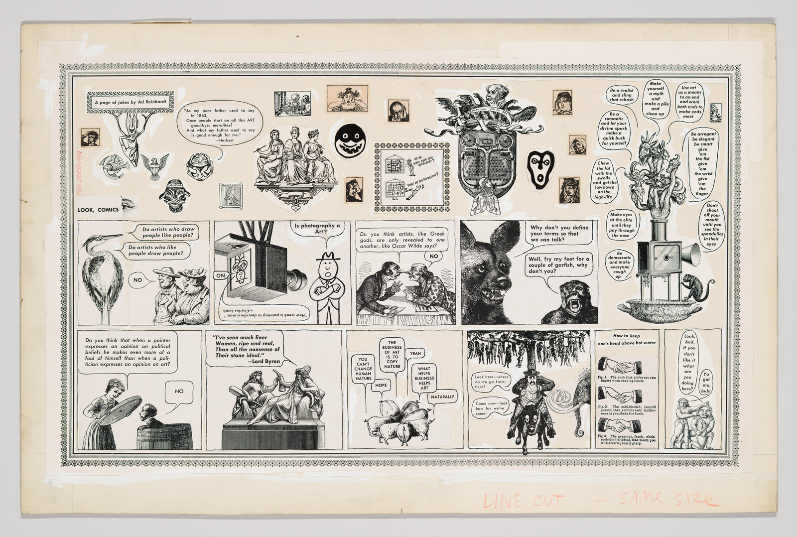 A large black-and-white comic collage with multiple panels, illustrations, and speech balloons about art.