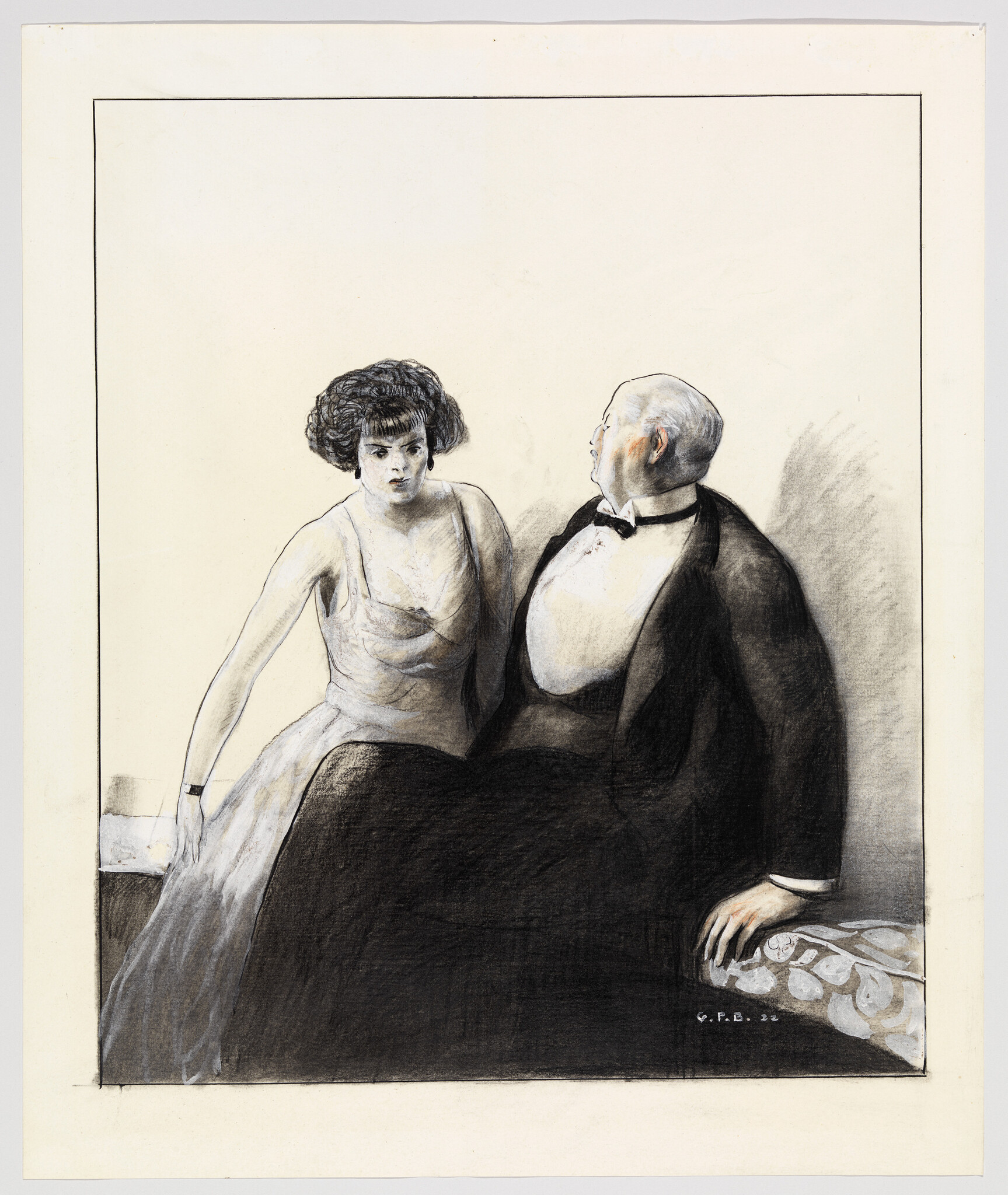 A young woman in a gown sits tensely beside an older tuxedoed man on a sofa.