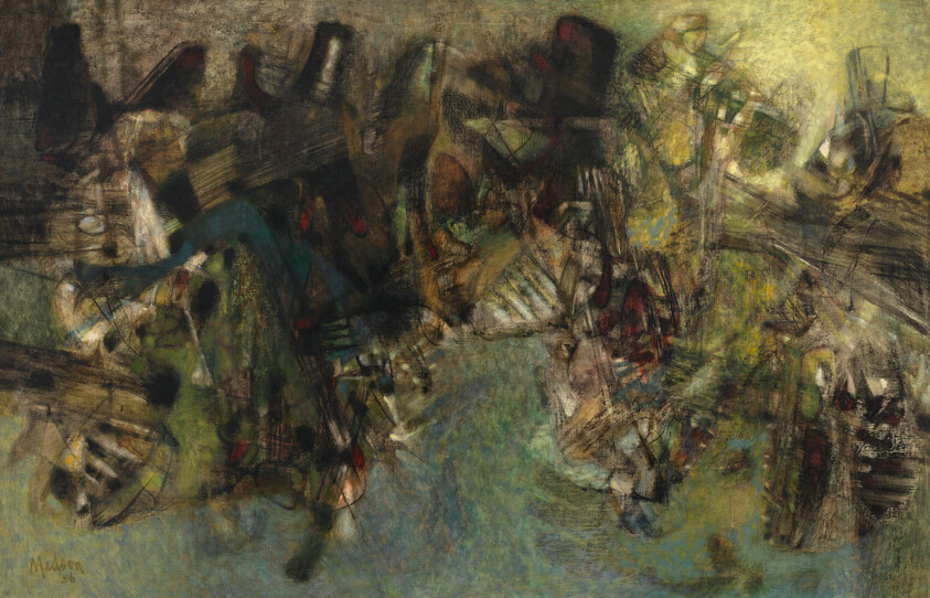 Dark swirling abstract shapes and muted green-blue tones suggesting tangled figures and movement.