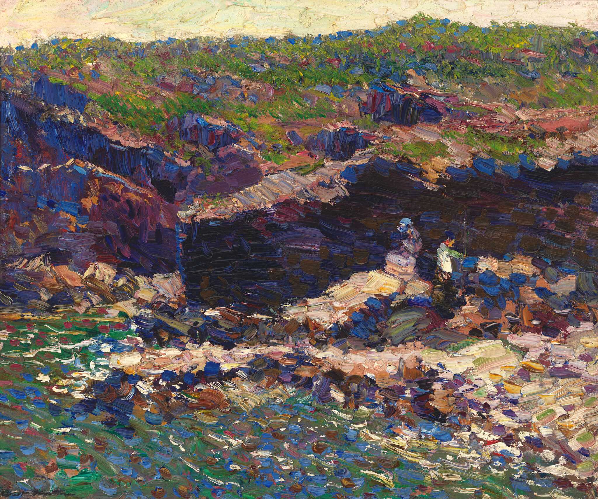Impressionist-style painting depicting a vibrant, rocky landscape with a river or stream running through it. The brushwork is thick and textured, with a rich tapestry of colors ranging from deep blues and purples in the shadows to bright greens, reds, and yellows in the sunlit areas. The scene is lively and appears to be in the midst of nature, untouched by urban development.