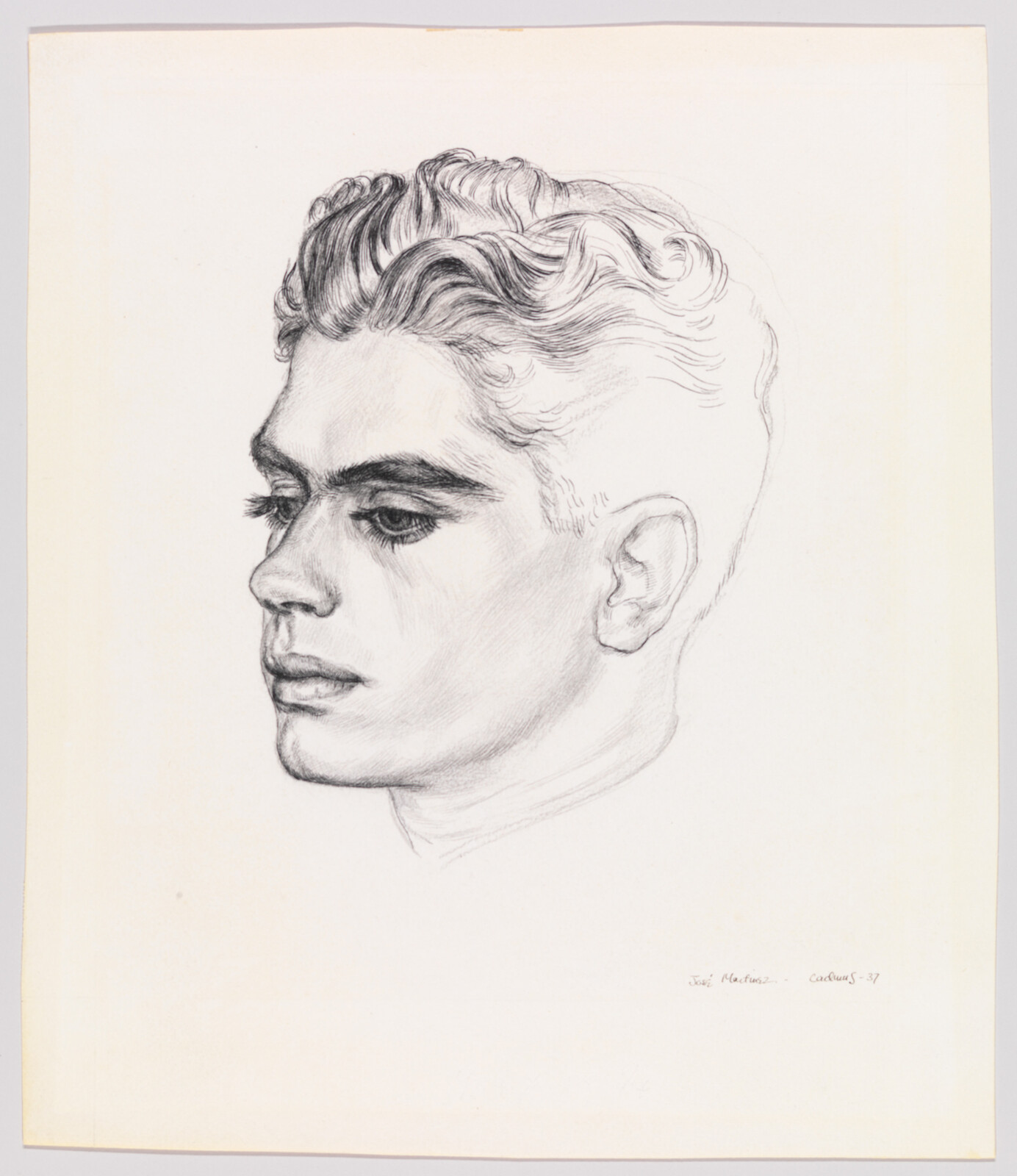 Sketch of a young man’s profile with wavy hair and defined facial features.