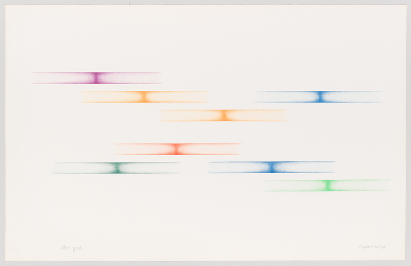 A minimalist artwork featuring a series of horizontal lines in soft pastel colors against a white background, with each set of lines creating a gradient effect from the center outwards. The image includes handwritten text at the bottom left corner and a signature at the bottom right corner.