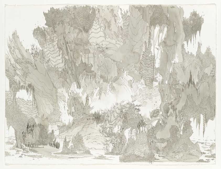 Intricate monochrome drawing of a cavern-like landscape with hanging formations and detailed line textures.
