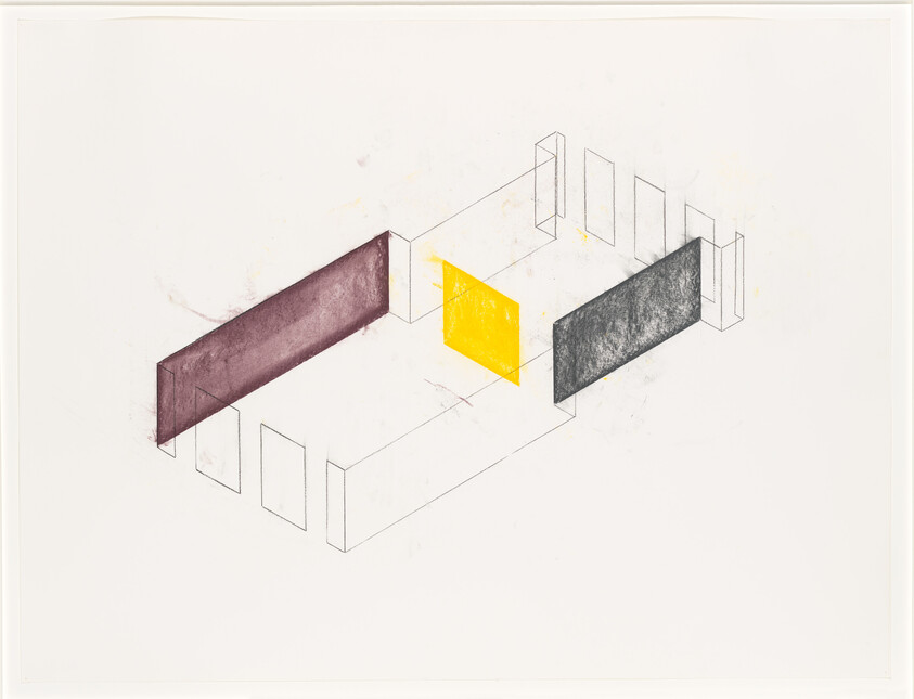 Three rectangular colored panels—maroon, yellow, and gray—float within a faint architectural sketch.