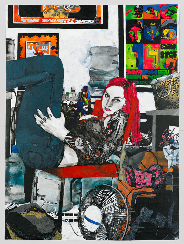 A collage featuring a woman with red hair sitting among eclectic objects and vibrant artwork.
