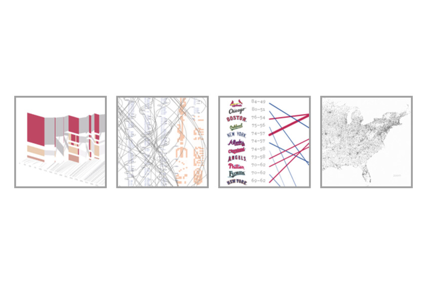 Four abstract data visualizations: a 3D bar chart, a complex line map, a ranked list with lines, and a detailed map of the United States.