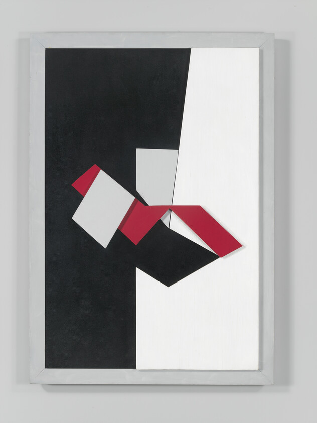 Abstract geometric artwork with black-and-white background and overlapping red and gray angular shapes.