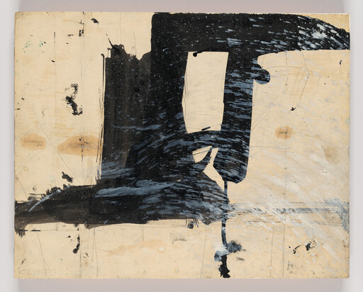 Large black brushstrokes sweep across aged beige paper with blue smears and a vertical drip.