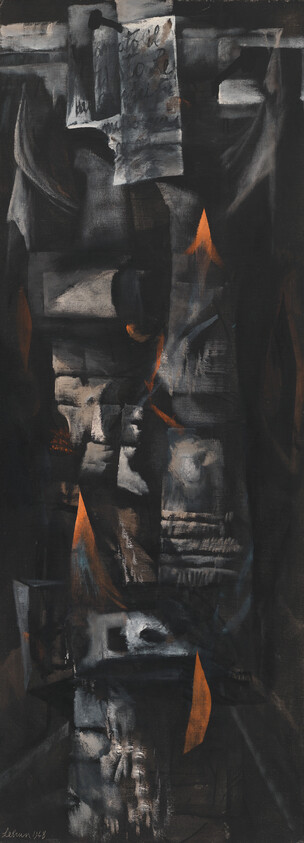 Dark vertical abstract painting with gray textured blocks and small orange flame-like shapes.