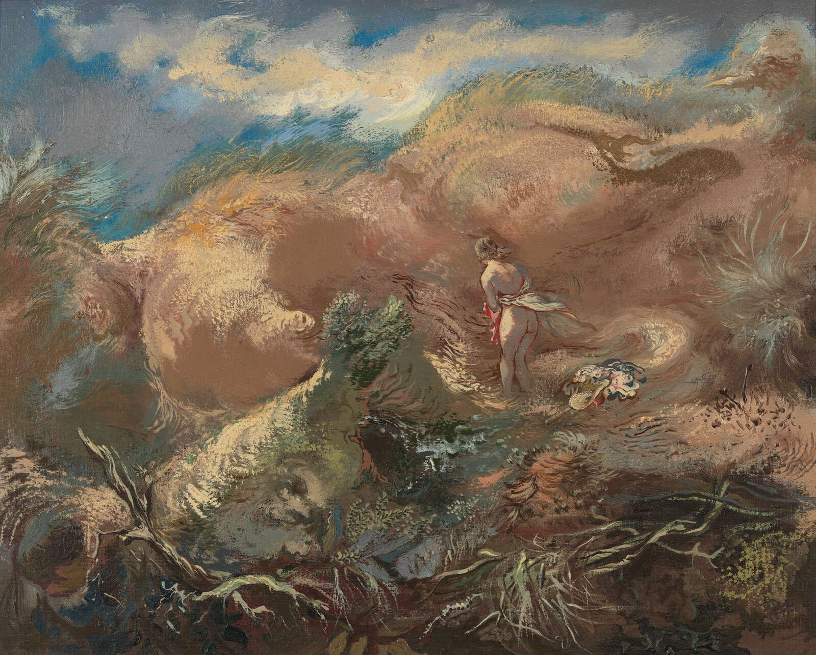 A lone woman with a cloth stands on a swirling windswept shoreline, facing the sea.