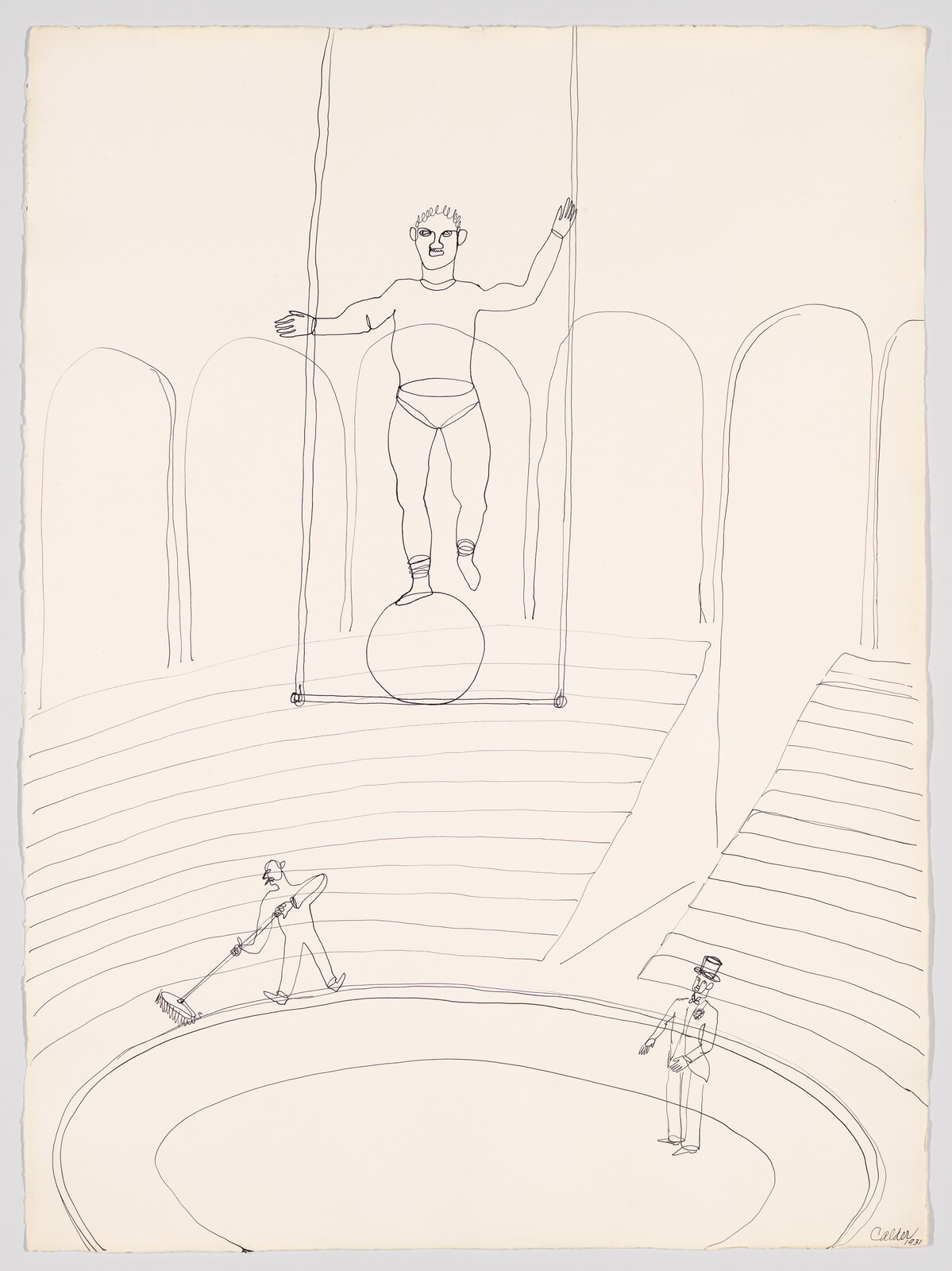 An acrobat balances on a ball suspended by ropes above a circus ring.