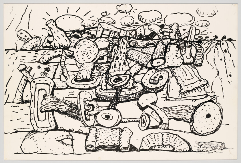 Black and white drawing of abstract, log-like shapes scattered across a landscape with clouds and a sun in the background.
