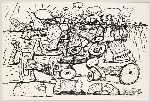 A detailed black ink drawing of tangled pipes, gears, and organic shapes forming a chaotic landscape.