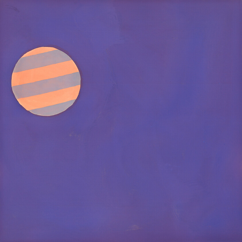 A purple canvas with a striped orange and gray circle positioned near the top-left corner.