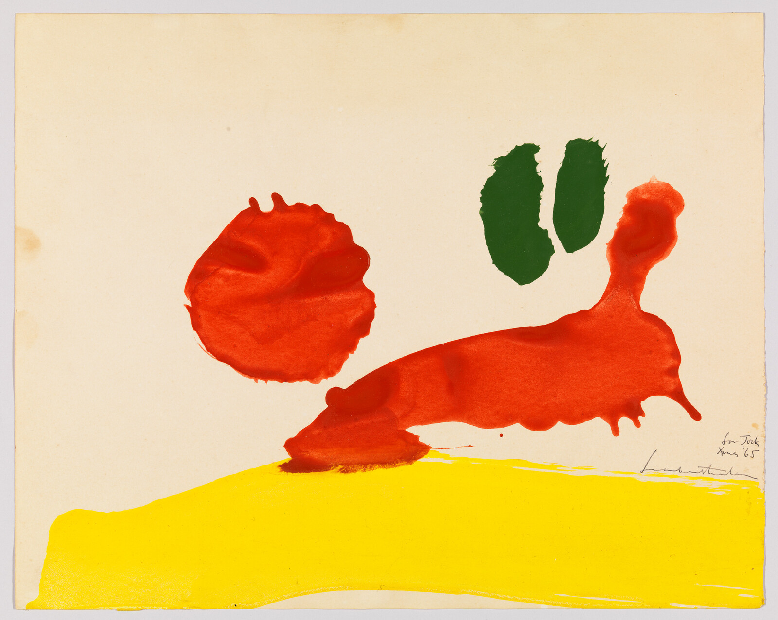 Abstract painting with red blotches and green shapes above a wide yellow band.