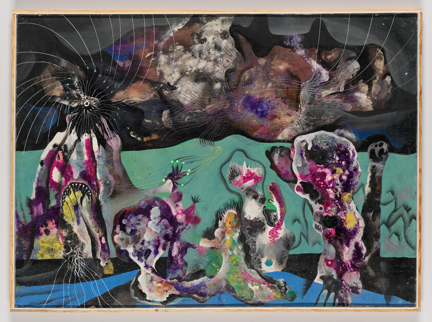 Abstract painting of colorful, biomorphic shapes rising against a teal horizon and swirling dark sky.