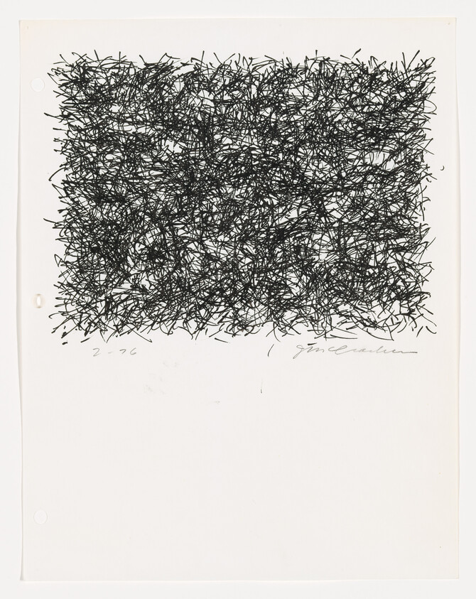 Dense rectangular mass of black ink scribbles fills the top half of a white sheet of paper.