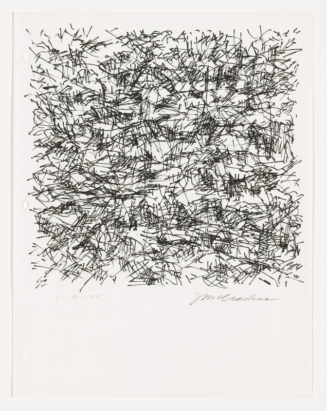 A black and white artwork featuring a dense cluster of chaotic black lines on a white background, resembling a tangle of scribbles or threads. The image includes a signature at the bottom right corner and a date at the bottom left corner. There are also two small circular marks at the bottom corners of the paper.
