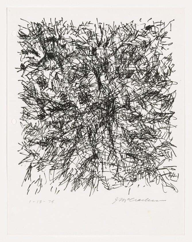 A black and white abstract drawing featuring a dense cluster of scribbled lines in the center of the paper, creating a chaotic yet contained form. The artist's signature and the date '1-12-76' are visible at the bottom right. The paper has three punched holes on the left margin, suggesting it may be part of a series or collection.