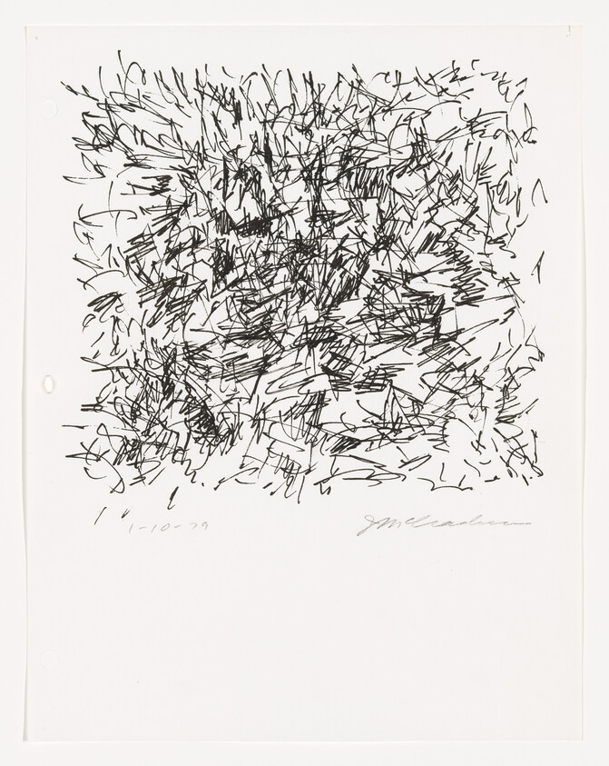 A black and white image of an abstract drawing with dense, chaotic black lines on a white background. The artwork is signed and dated in the lower right corner. There are holes punched on the left side of the paper, suggesting it may be part of a sketchbook or binder.
