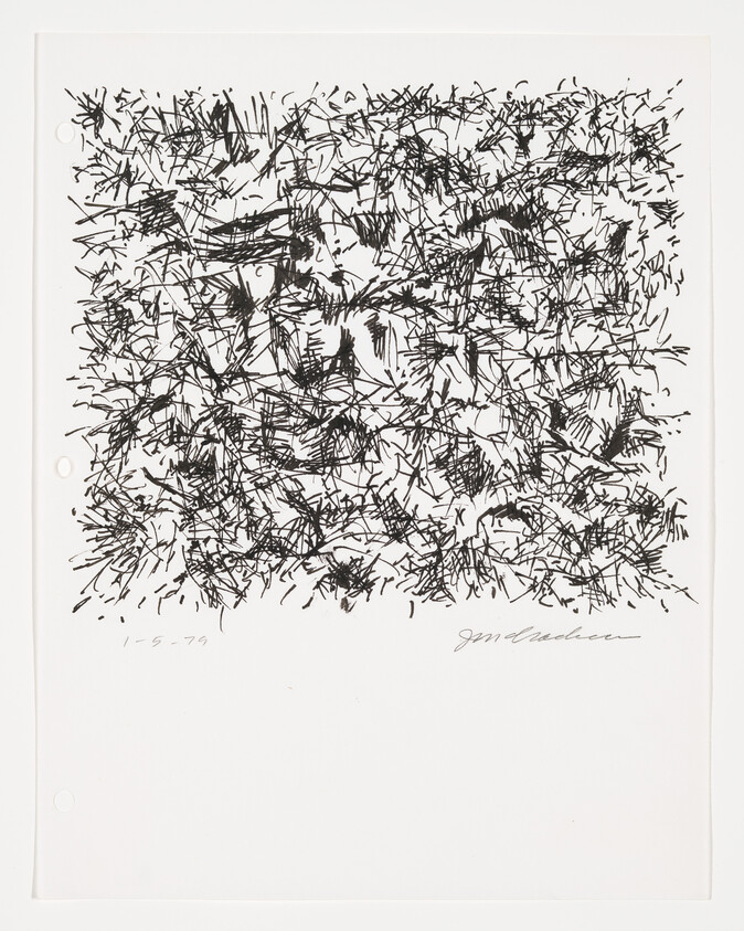 A densely scribbled abstract drawing with black ink on white paper, featuring numerous overlapping lines and marks. The artwork is dated "1-5-79" and signed by the artist in the lower right corner. Three holes are punched along the left edge of the paper, suggesting it may have been stored in a binder.