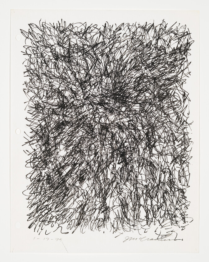 A densely scribbled abstract drawing with overlapping black lines on a white background, creating a chaotic and textured appearance. The image includes a signature at the bottom right and a date at the bottom left, indicating it's an artwork. There are also visible binder holes along the left edge, suggesting the paper was once part of a pad or portfolio.