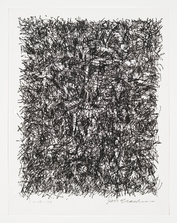A densely scribbled abstract drawing with numerous overlapping black lines creating a chaotic texture on a white background. The artwork is signed and dated at the bottom right corner.