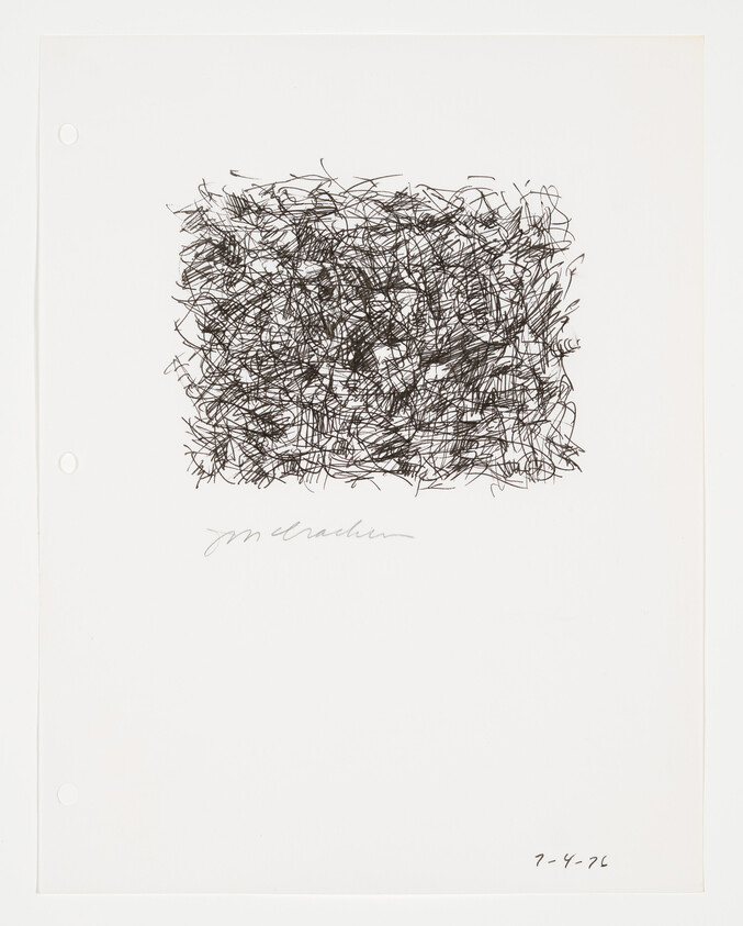 Dense black ink scribble forms a rough rectangle on white paper with a faint signature below.