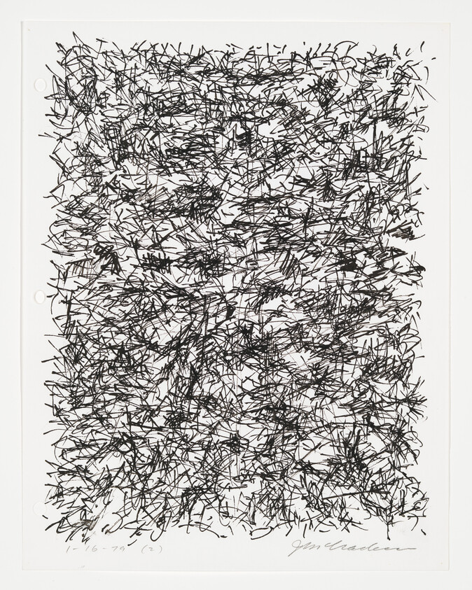A densely scribbled abstract drawing with black lines on a white background, signed and dated at the bottom.