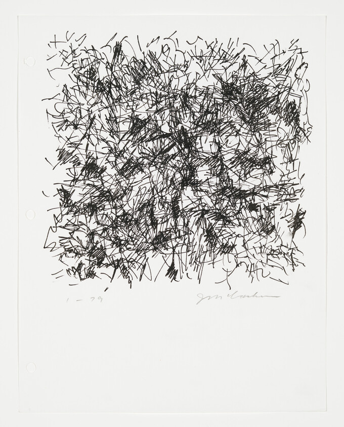 A black and white abstract drawing featuring a dense cluster of scribbled lines and marks in the center of the paper, with a signature at the bottom right corner and a numerical notation at the bottom left corner. The background is plain white.
