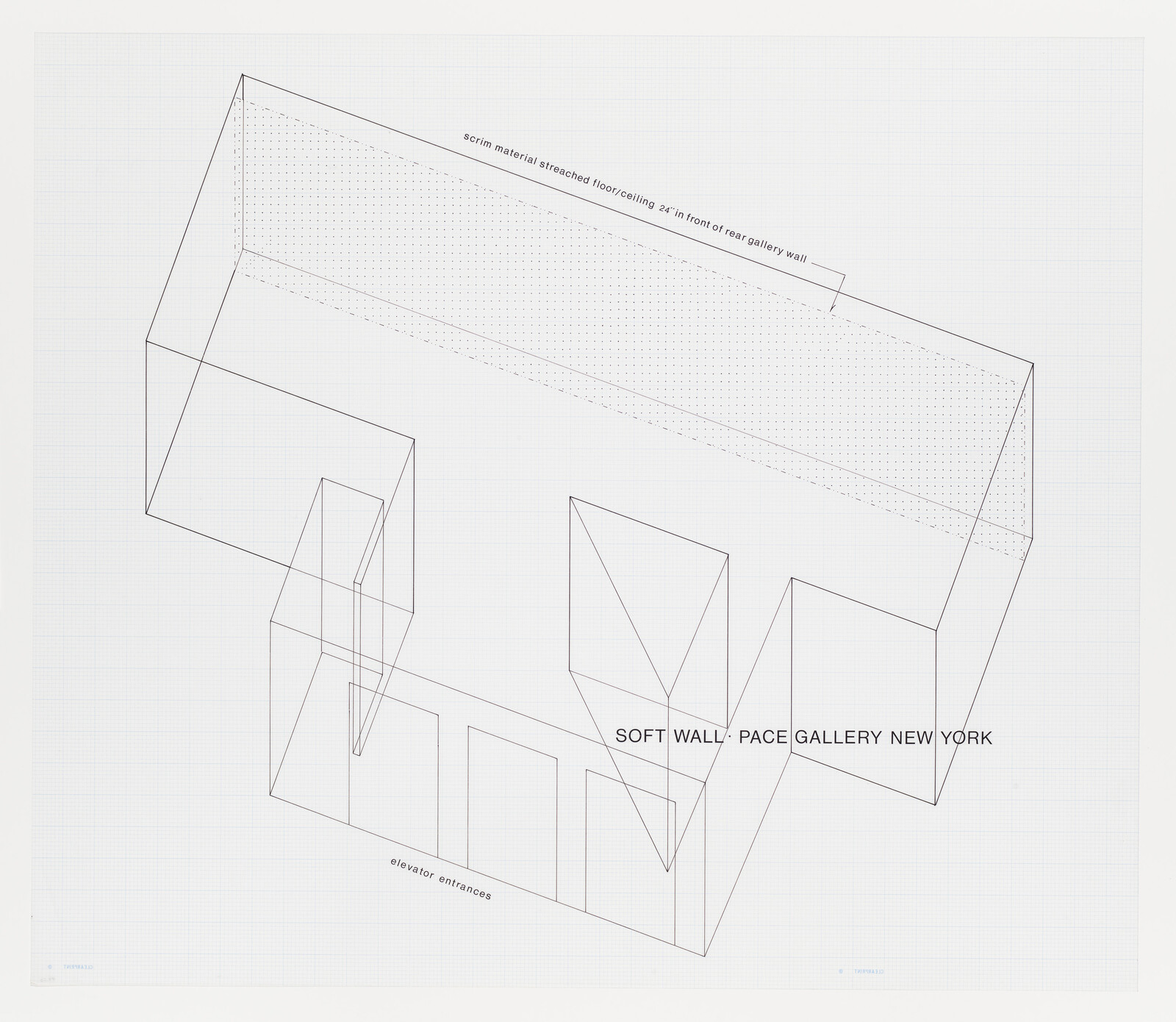 Wireframe architectural diagram showing a soft wall installation at Pace Gallery New York with labeled elevator entrances.