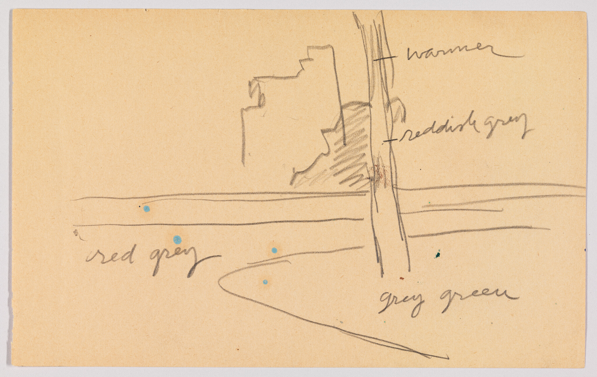 A rough pencil sketch on tan paper with annotations indicating colors such as "warmer," "reddish gray," "red gray," and "gray green." There are also small blue and green dots on the drawing. The sketch appears to be a preliminary study for a landscape or abstract composition.