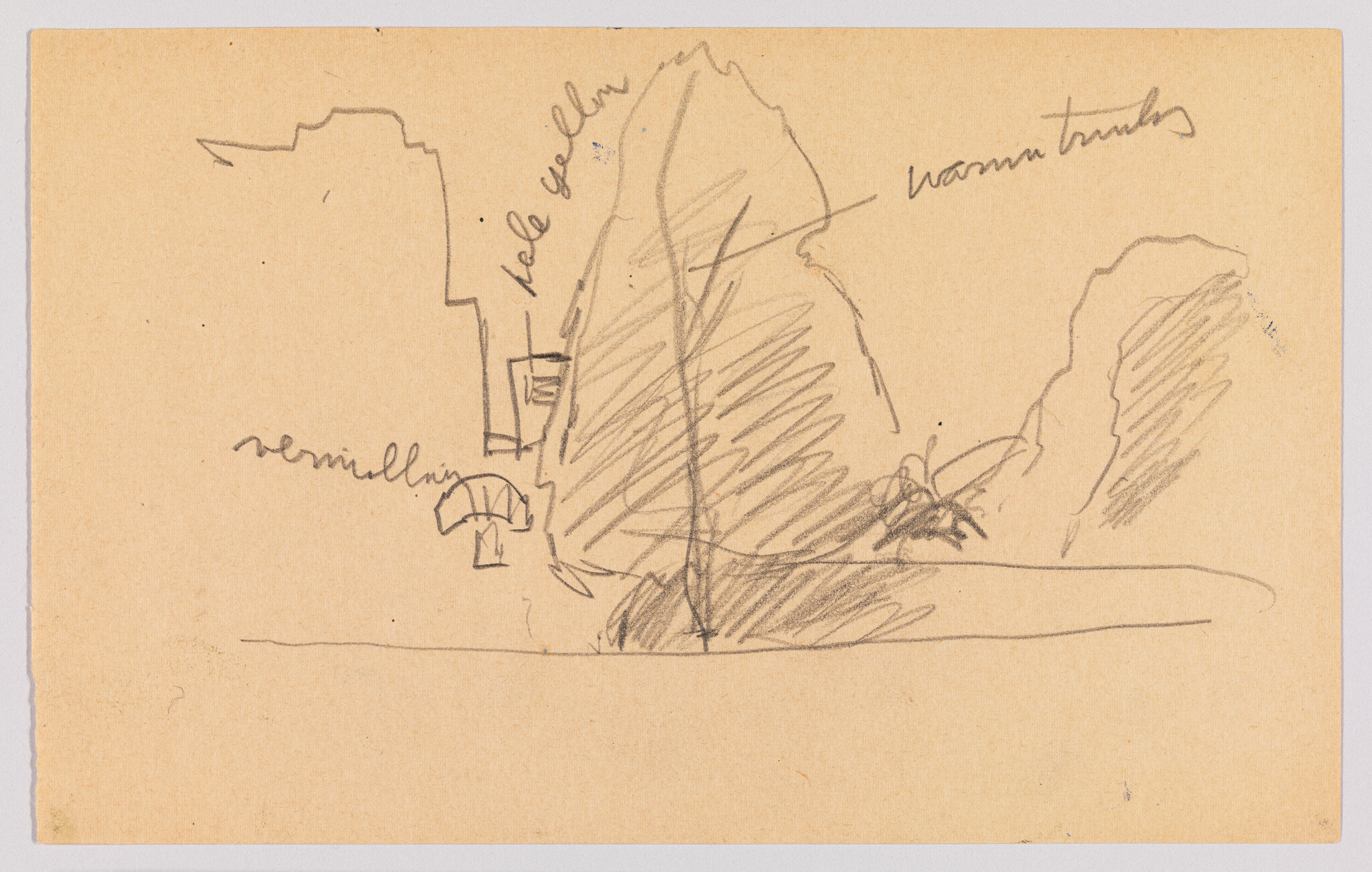 Pencil sketch of abstract shapes with handwritten notes: "vermillion," "pale yellow," and "warm trunks" on a beige background.