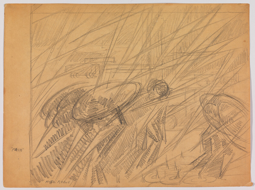 Several figures with wide hats walking through heavy slanted rain and puddles in a sketch.