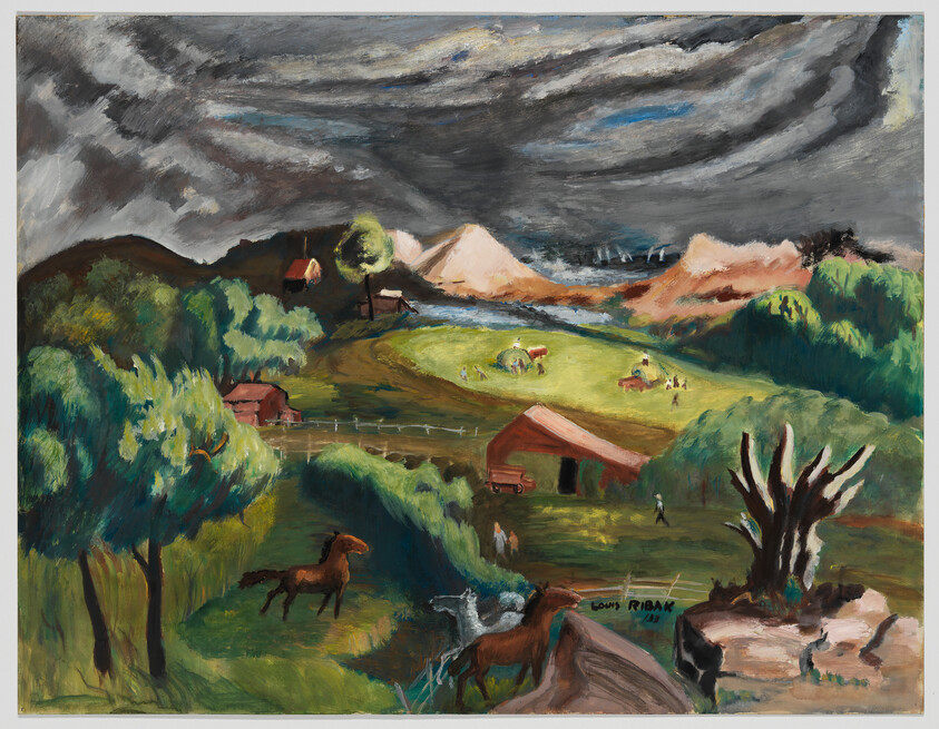 Rolling green hills with grazing horses near barns under a dramatic stormy sky.