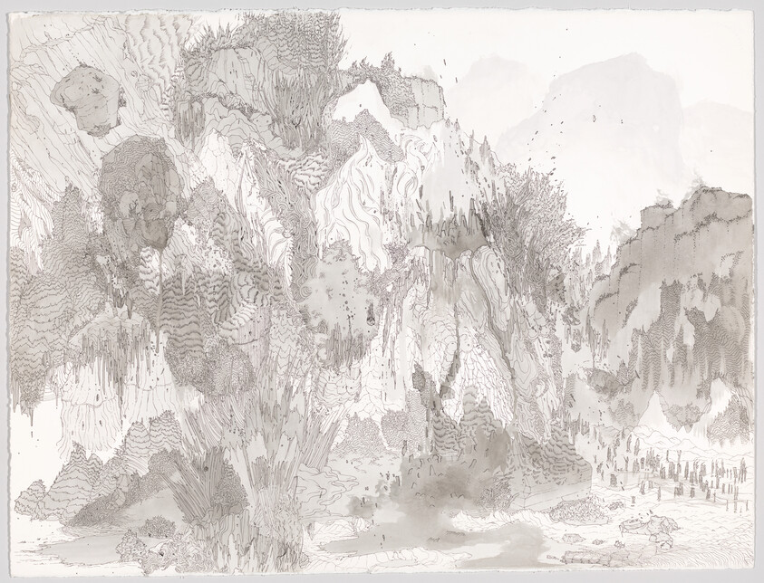 Intricate ink and wash drawing of towering rocky mountains with clustered trees and tiny figures in the valley.