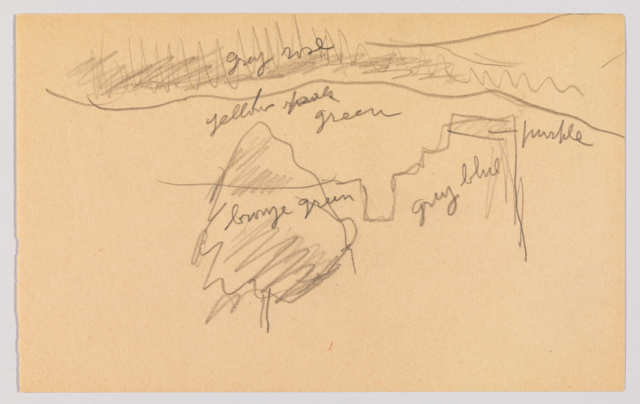 A sketch on tan paper with various scribbles and color names written in pencil, such as "grey blue," "yellow haze," "green," "orange green," and "purple." The drawing appears to be a rough conceptualization of a landscape or color study.