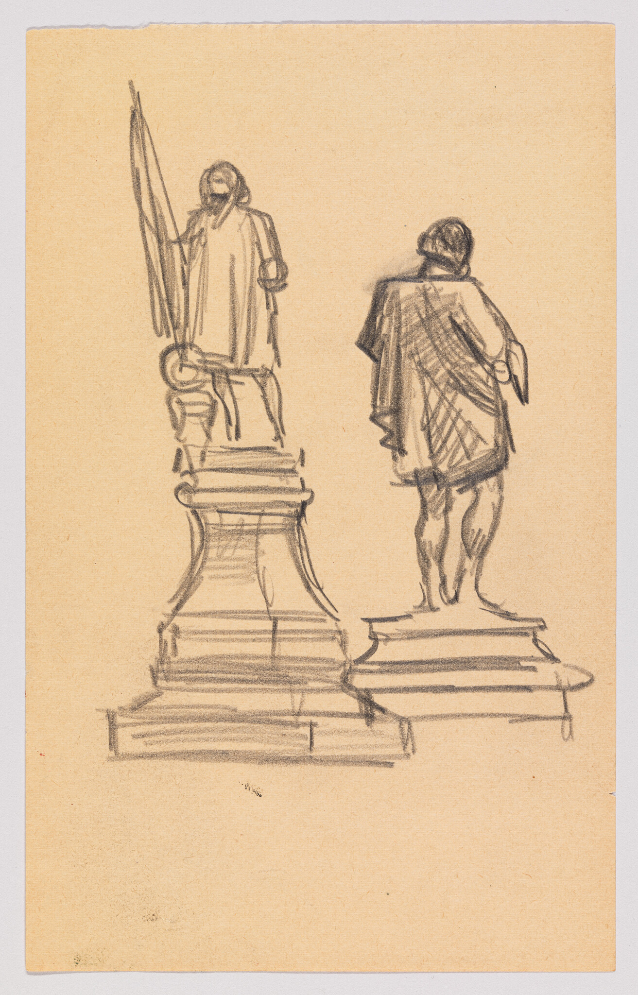 Sketch of two statues on pedestals, with the left figure holding a spear and the right figure shown from the back, on a tan paper background.