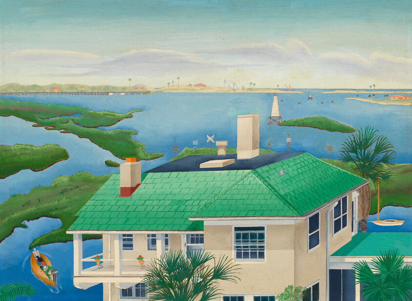 A coastal house with a bright green roof overlooks marshes and a person paddling a canoe.