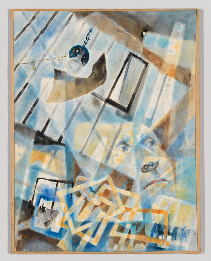 A contemplative face appears amid floating light fixtures and overlapping geometric shapes.