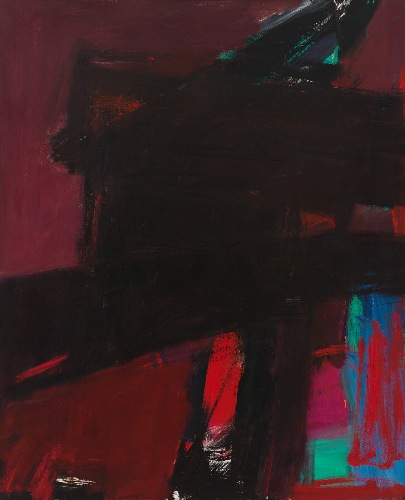 Large dark cross-like brushstrokes dominate the canvas with bold red and turquoise accents.