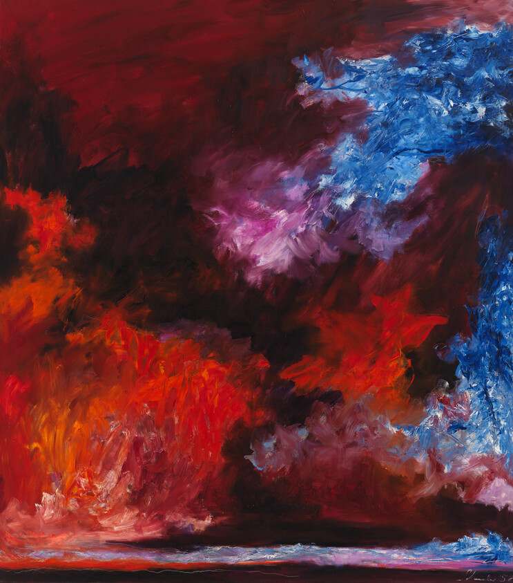 Abstract painting showing swirling red and orange flames meeting a cool blue cloud above a thin horizon.