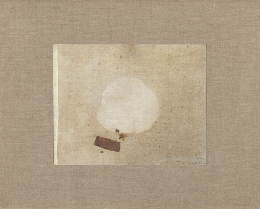Minimalist artwork with a large white circle and a small brown rectangle on a stained paper, mounted on a linen canvas.