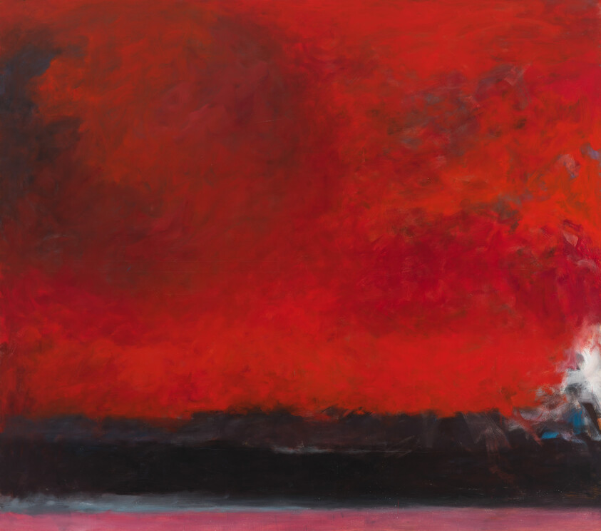 A large abstract painting with a deep red sky above a dark horizon and pink foreground.