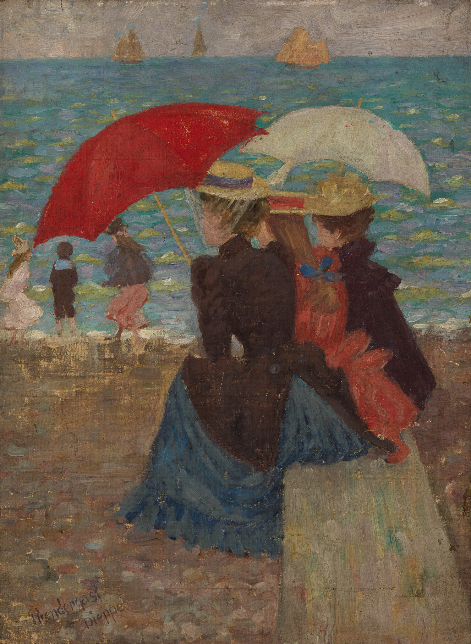 Two women sit on a seaside bench holding red and white umbrellas while watching sailboats.