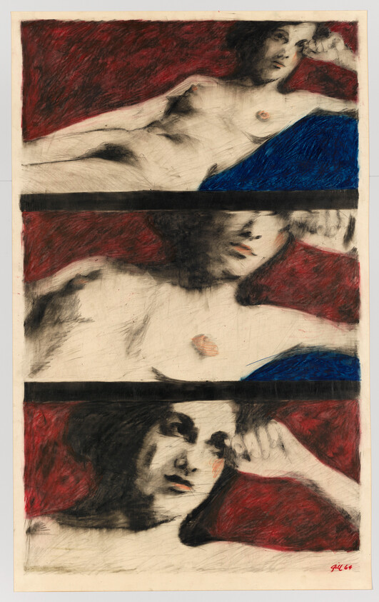 Three horizontal panels show a reclining nude woman resting her head on her hand against red background.