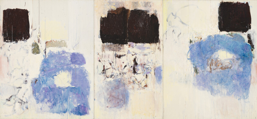 Triptych abstract painting with a pale background, three dark squares above soft blue circular shapes.